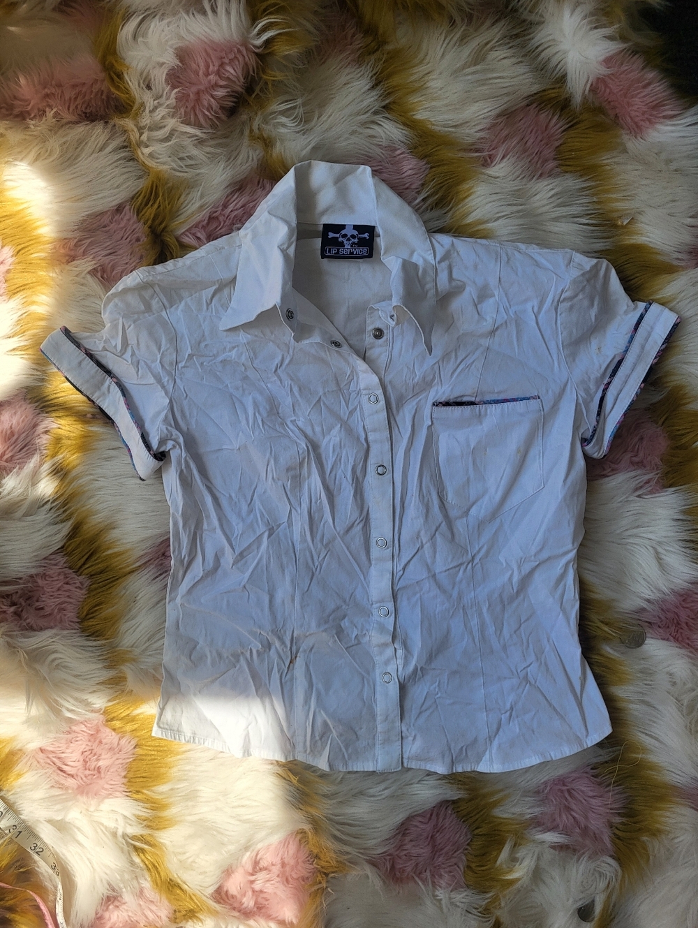 Lip Service Y2k  Vintage Goth White Short-Sleeve Button-Up Shirt Plaid Trim